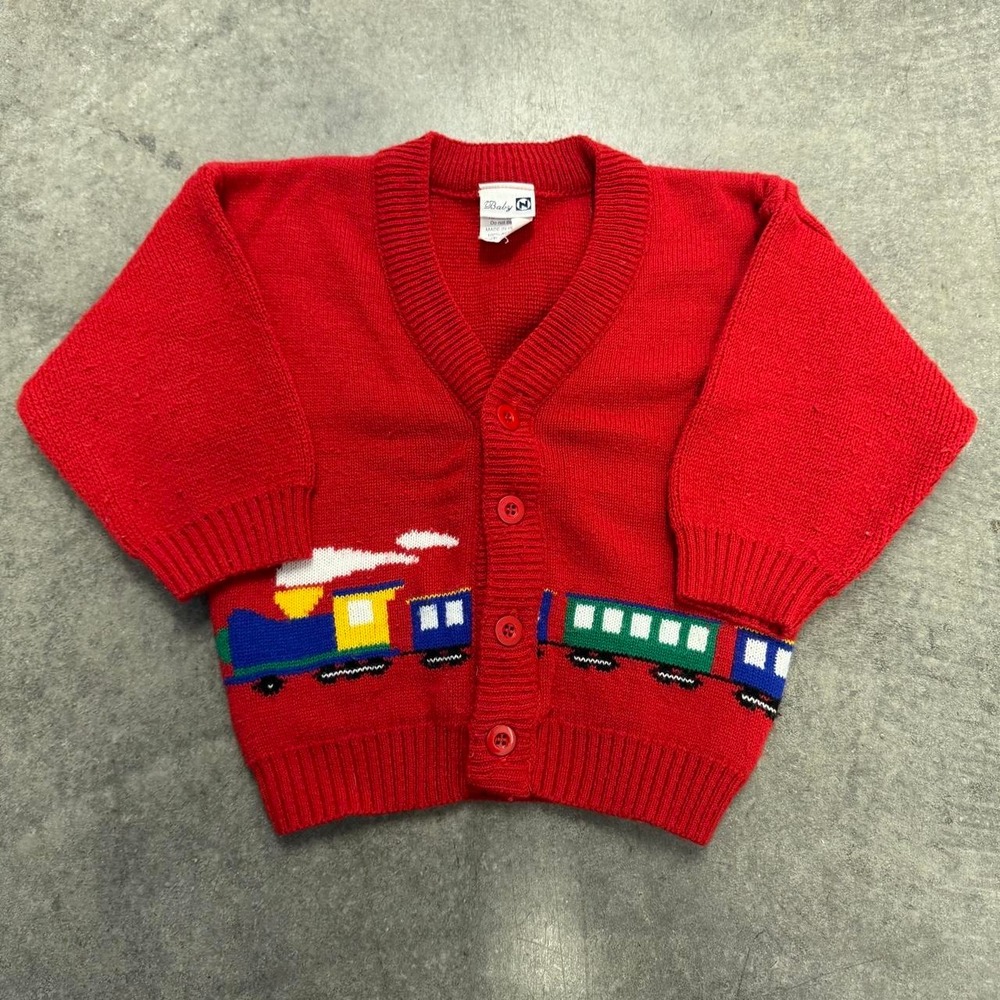 Vintage Baby Train Cardigan Sweater 90's Retro Red 24M